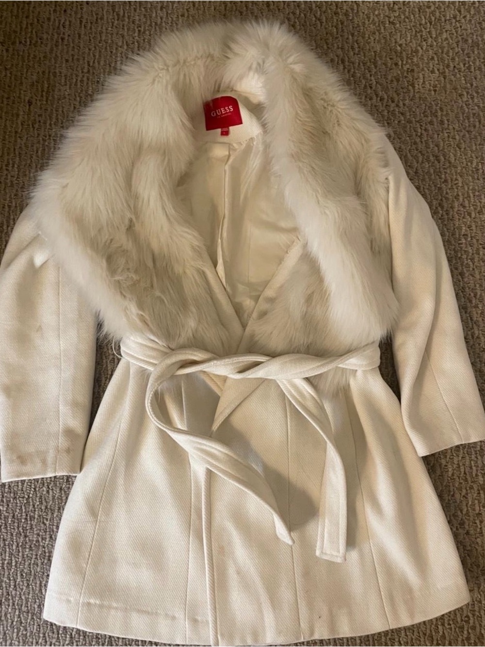 Guess Cream Faux Fur Collar Belted Robe Coat